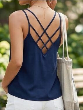 SHEIN Strappy V-Neck Cami Tank Top - Navy Small